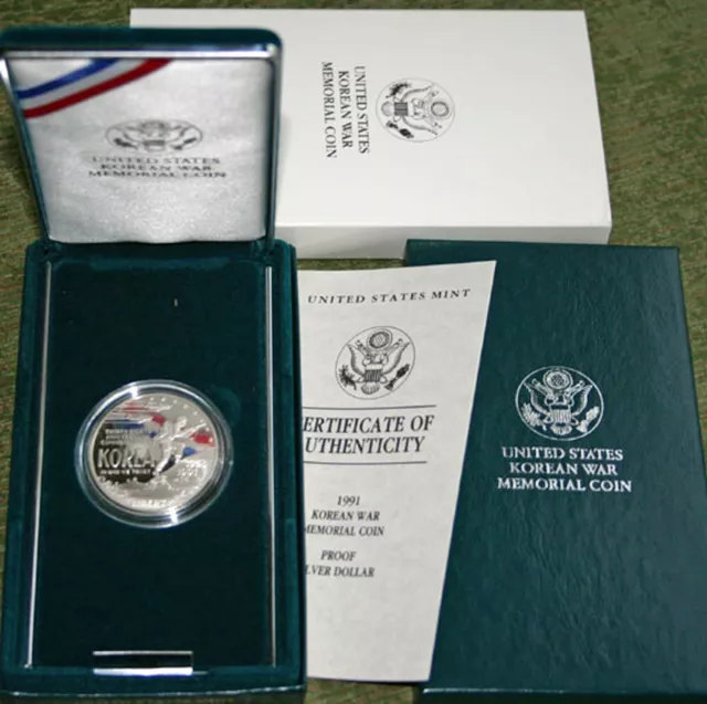 1991 P US Mint Proof Korean War Commemorative Korea Silver Dollar Coin Box + COA