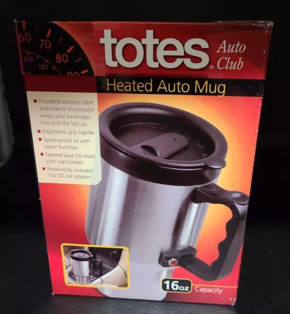 Totes Heated Auto Mug 16 Oz Size Stainless Steel Black 12V DC Adapter Non Slip