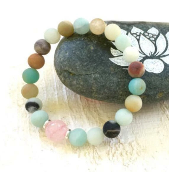 8mm Amazonite Rose Quartz Gemstone mala Bracelet 7.5inches Unisex cuff Wrist
