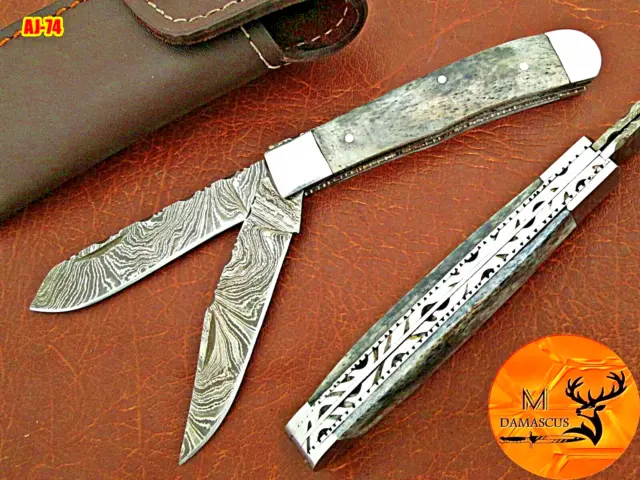 Handmade Forged Damascus Steel Trapper Folding Pocket Knife Camel Bone Handle 74