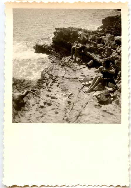 Family Beach Rock Beachfront Landscape - Old Year Photo 1950 60