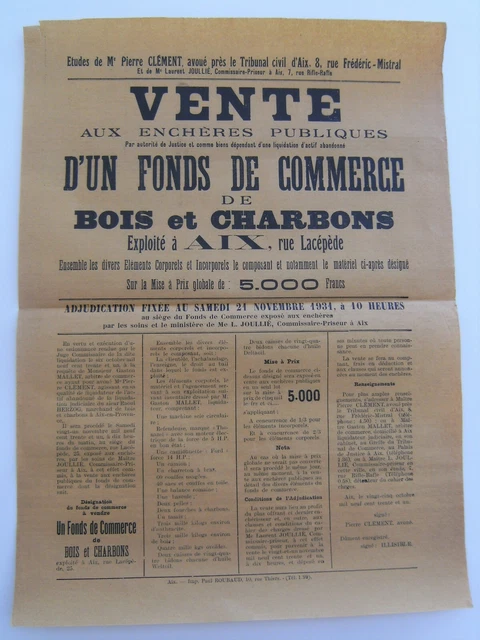 Affiche vente enchère fond commerce bois et charbons 1931 vintage rétro