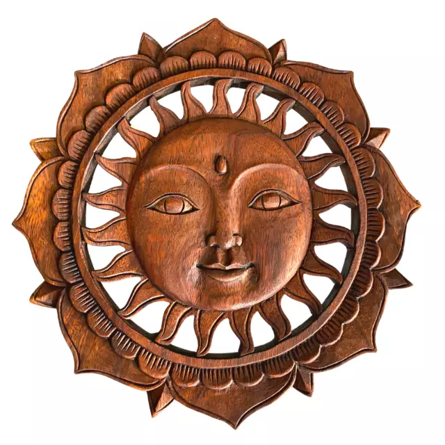 Sunburst Sun Surya & Lotus Wall art Panel Sculpture Hand Carved Wood Bali Art