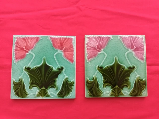 2 Piece Old Art Floral Design Embossed Majolica ceramic Tiles England 0227 3