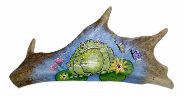 Toad Frog Lily Pad Painted on Antler Figurine Country Rustic Primitive Folk Art