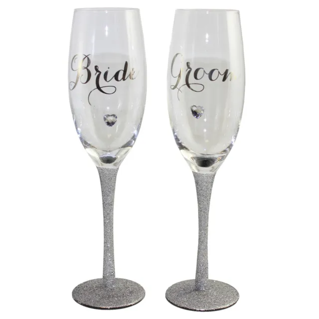 Bride and Groom Champagne Flute Set with Glitter Stem Wedding Day