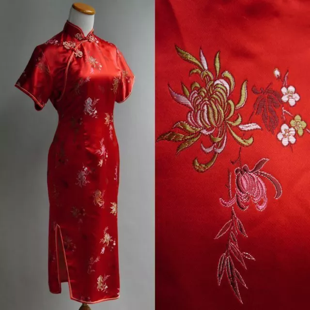 VTG 60s 70s Cheongsam Dress Mandarin Asian RED Satin Brocade Curvy PinUp Girl S