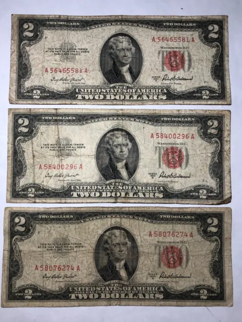 (Lot of 3) circulated series 1953A $2 red seal United States notes. #07