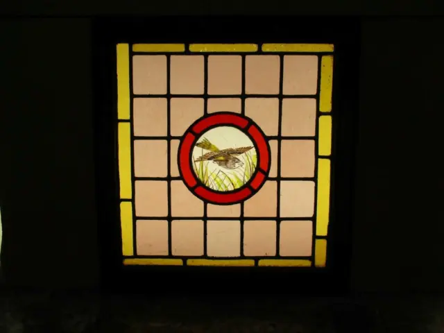 OLD ENGLISH LEADED STAINED GLASS WINDOW Hand painted Bird 15.25" x 16.5"