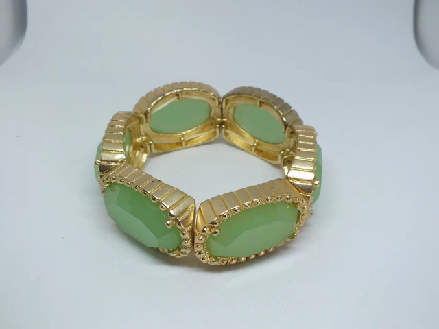 Beautiful Stretch Bracelet Gold Tone Sage Rhinestones Matte Finish 1" Wide NICE