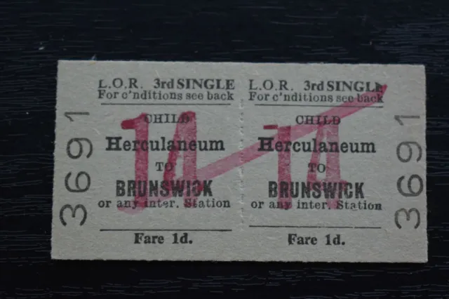 Liverpool Overhead Railway Ticket LOR HERCULANEUM to BRUNSWICK  No 3691