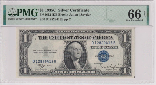 Fr 1612 1935C $1 SC D12829413E PMG 66EPQ CH CU 1935-C Silver Certificate GEM
