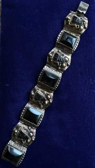 Vintage Mexico Aztèque Guerrier Argent Alpaga Sculpté Obsidian Panneau Bracelet 3