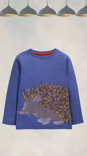 Ex Mini Boden Cotton Long Sleeve Superstitch T-shirt in Starboard Blue Hedgehog