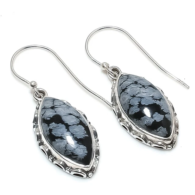 Snowflake Obsidian Gemstone 925 Solid Sterling Silver Jewelry Earring 1.50"