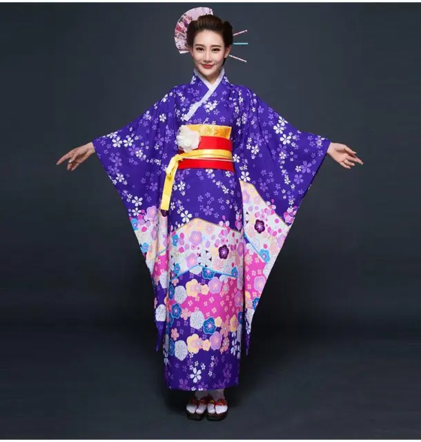 Traditional Japanese womens kimono dress Japan costume Full Length Floral