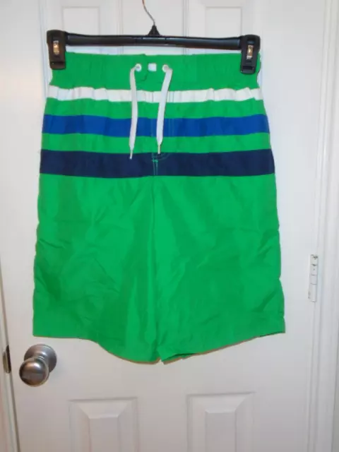 Boy Cherokee L-12/14 Swim Trunk Green White Blue Striped Drawstring NWOT