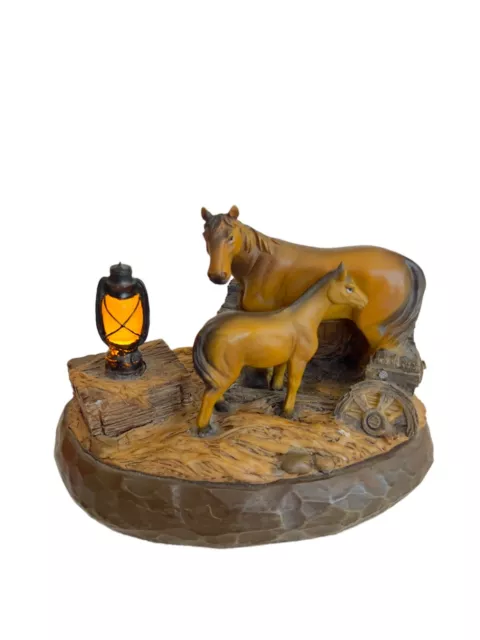 Wooden Resin 2 Brown Horse Statues Lighted Lantern  7x4 inches Preowned