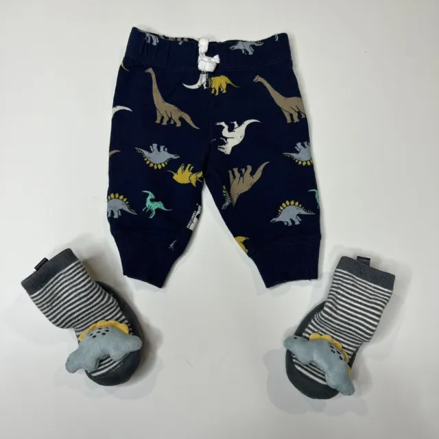 Carters Dinosaur Baby 3 Month Sweatpants and Slipper Shoes Blue Set Infant Boy