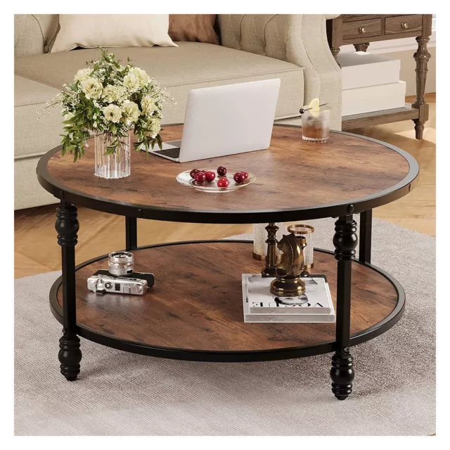 Rustic Round Wooden Coffee Table Home Furniture for Living Room Decor 2-Tier US