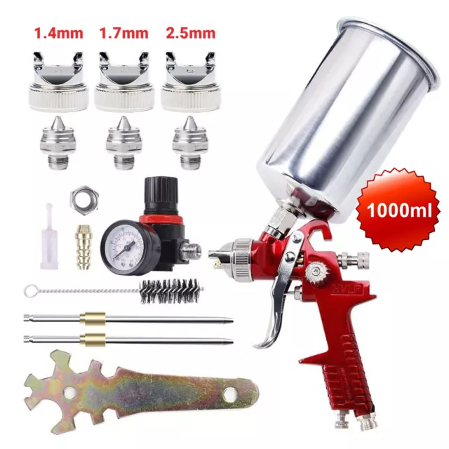 HVLP Spray Gun Kit Gravity Feed Car Primer Paint 1.4mm 1.7mm 2.5mm Nozzle 1000ML