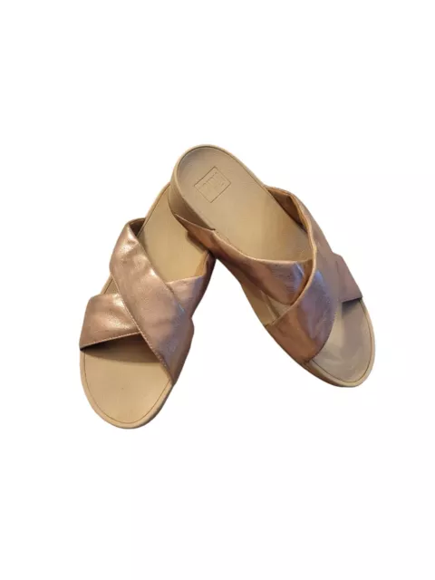 FitFlop Womens Lulu Cross Glitz Slide Sandals Rose Gold Size 9
