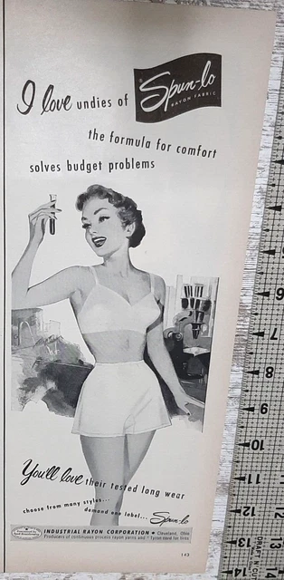 1951 Spun-Lo Rayon Fabric Vintage Print Ad Undies Bra Long Lasting Underwear B&W