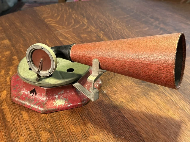 Fonógrafo antiguo de juguete de viento llave para niños con cuerno ¡funciona!