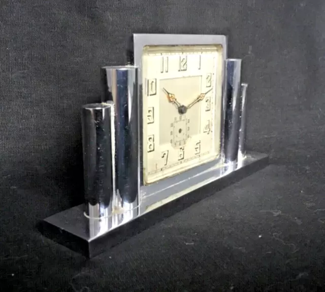 French Art Deco Chrome Clock Deco  Stepped  Design Clock