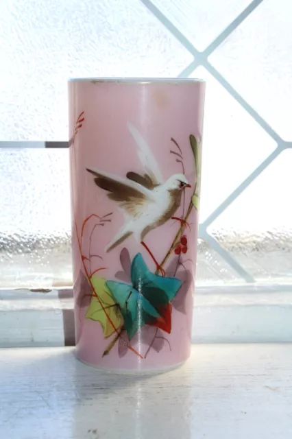 Antique Victorian Milk Glass Posy Vase Hand Painted Bird and Flowers