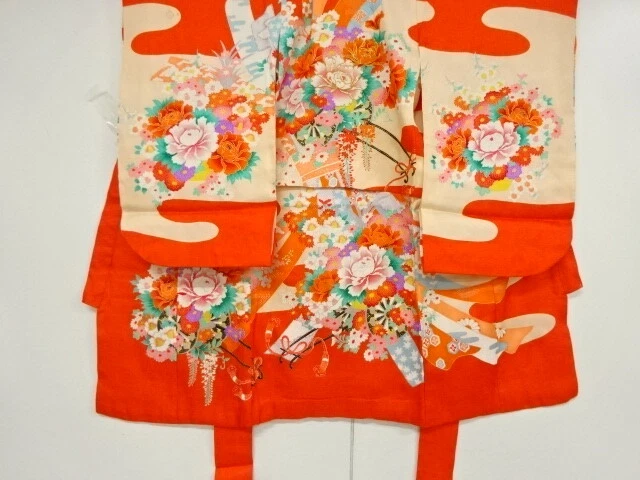 39219# Japanese Kimono / Antique Kimono For Girls / Embroidery / Flower Cart