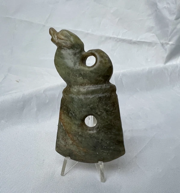 ANCIENT Nephrite Chinese Green Jade Axe Pendant Dragon Carving