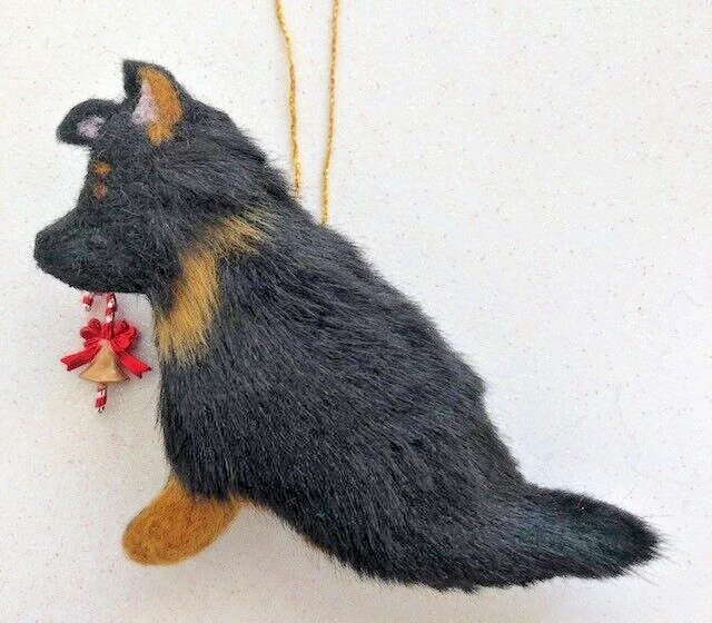 GERMAN SHEPHERD PUP with CANDY CANE / BELL - PART NEEDLE FELTED DOG