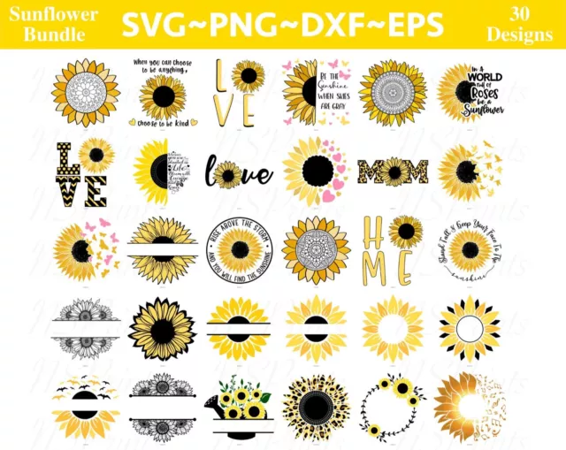 30 Sunflower SVG Bundle, Sunflower SVG, Flower Svg, Monogram Svg, Half Sunflower