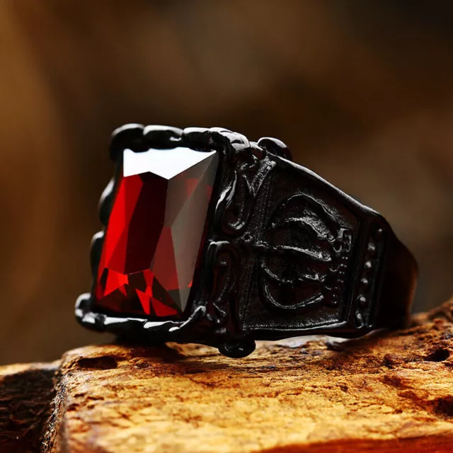 Retro Crown Red CZ Wedding Ring Stainless Steel Men's Vintage Band Ring Black