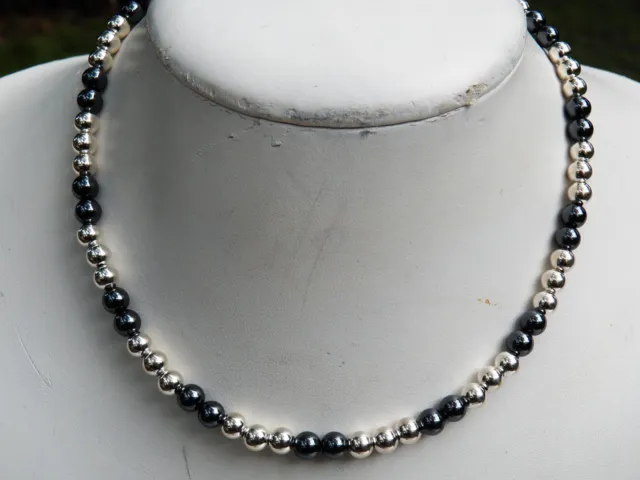 Sterling SILVER & Hematite 6 mm BEAD NECKLACE 925 Lobster clasp