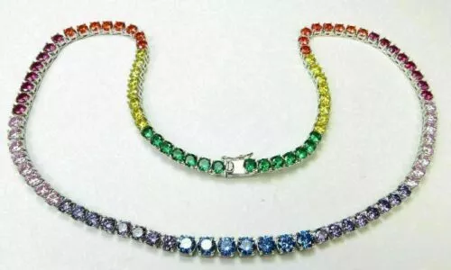 Lab-Created 20CT Multi Color Gemstone Tennis Necklace 16'' 14K White Gold Over