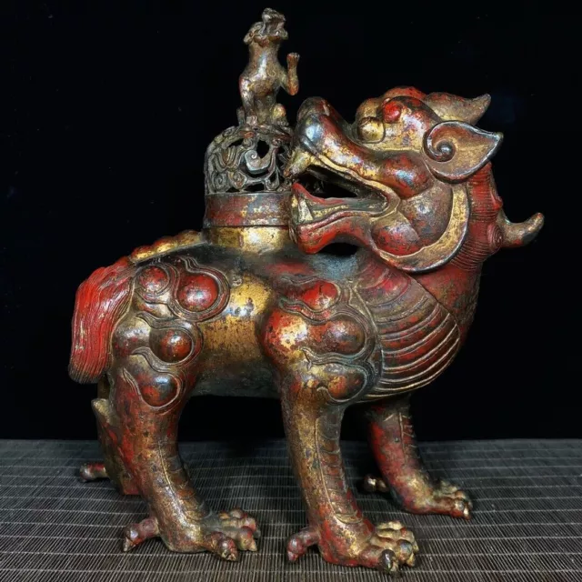 12" Chian Antique Pure copper Mud gold carving auspicious beast Incense burner