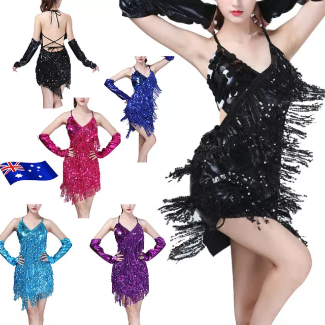 Women Sequin Latin Dance Dress Salsa Samba Tango Fringe Tassel Dancewear Costume