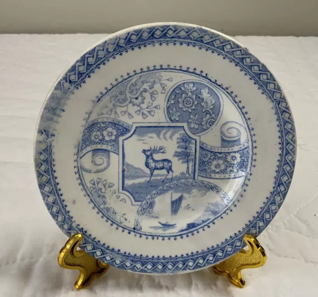 Antique Small Children’s Plate, The Stag, Staffordshire, England, Blue