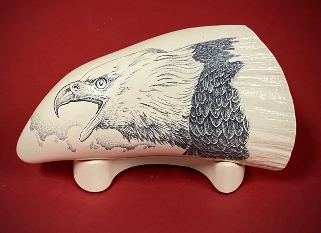 Scrimshaw Whale Tooth Resin Reproduction "Eagle"  -With Stand- Mint Condition!