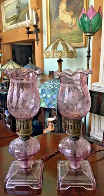 Vintage Pair Pink Etched Flowers Glass Hurricane / Boudoir Lamps