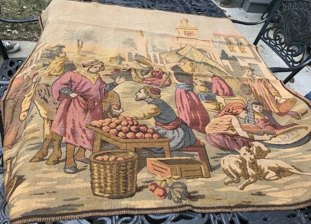 Antique Tapestry 50"x50" Middle Eastern Bazaar Scene Belgium