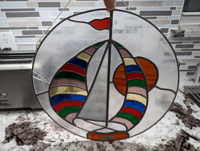 Stained glass window vintage round sail Boat Blue Green Red Hanging 15" 1986 2