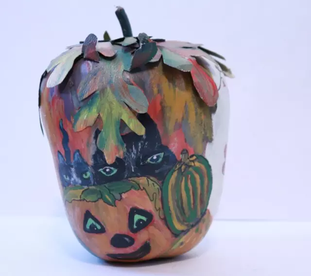 Vintage Handpainted Fall Halloween Decor Pumpkin Black Cat Signed