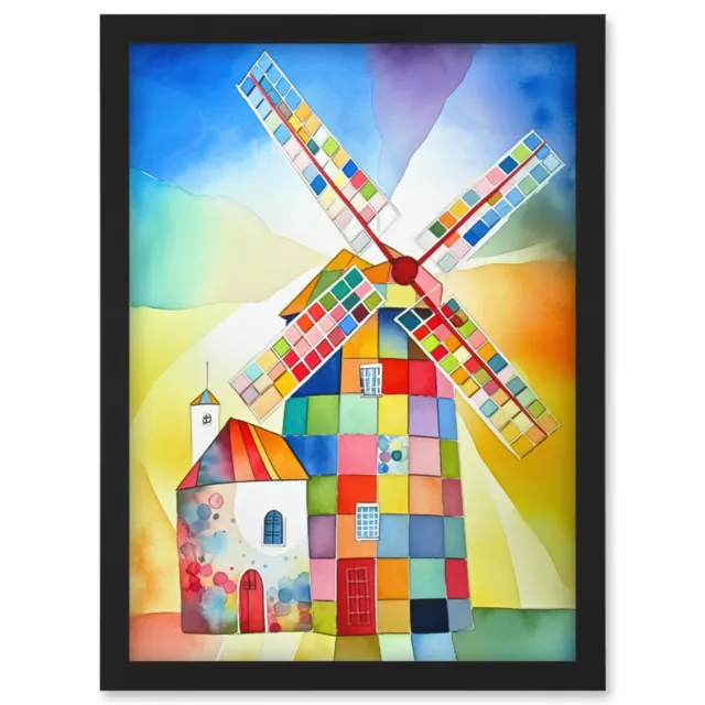 Abstract Patchwork Windmill Old Amsterdam Folk Art Framed Art Picture Print A4