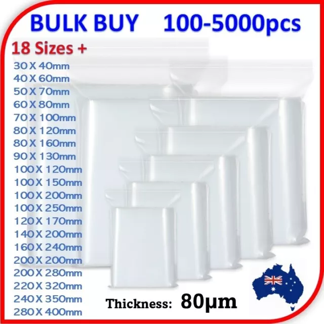 100-5000x AU Zip Lock Packing Bags Small Large Resealable WHOLESALE Price (80μm)