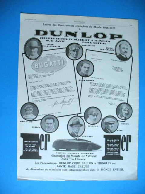 Publicite De Presse Dunlop Pneu Records Bugatti Delage Mystery Sunbeam 1927