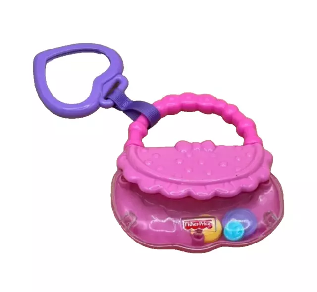Fisher Price Pink & Purple PURSE 5" Plastic Rattle & mirror Toy R2