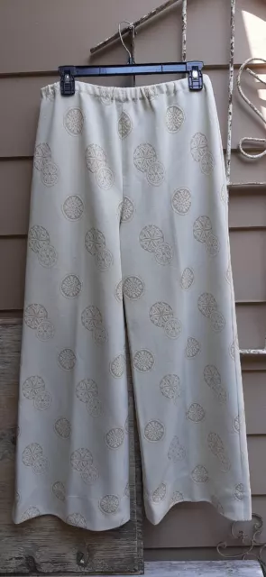 Vtg 70s Womens Wide Leg Pants Creme W/ Geometric/ Flower In Honey Gold  M/L